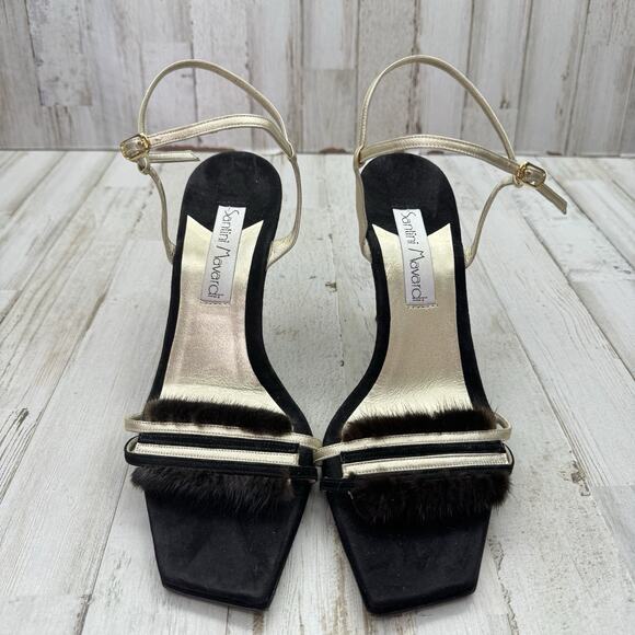 Santini Mavardi Black Suede Real Fur Trim Unique Gold Heels Designer Sz 40 US 9 - Picture 7 of 13